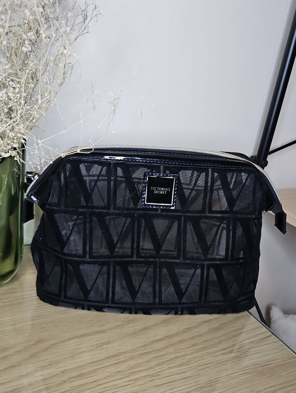 Victoria's Secret Black Mesh Cosmetic Case with Logo Plaque